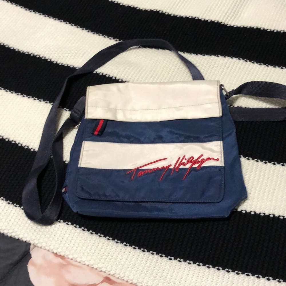 Blue and white striped purse